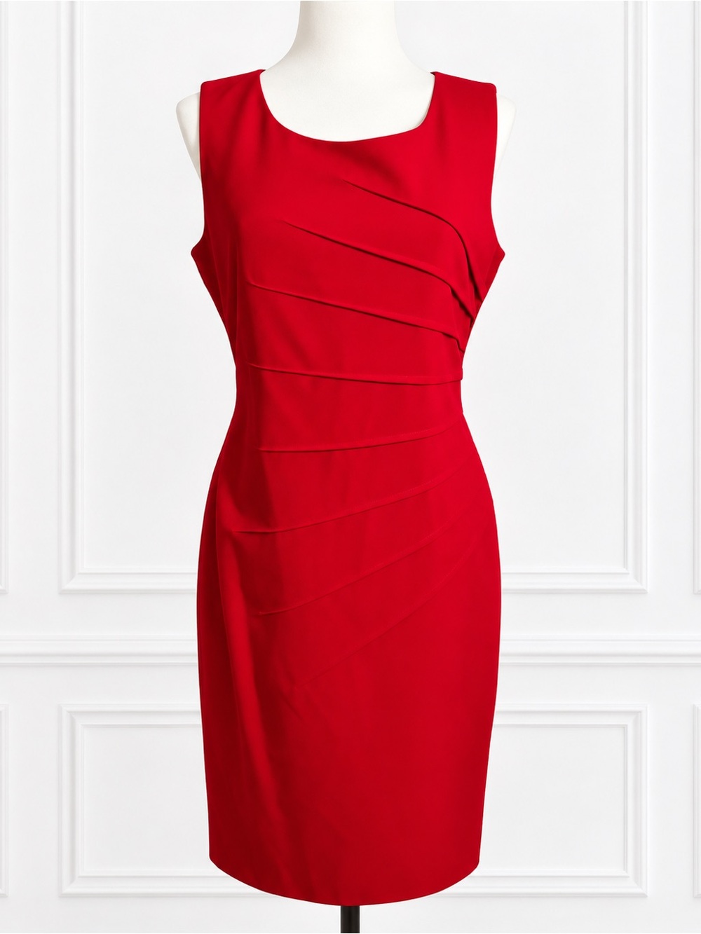 Calvin Klein Size 8 Red Layered Pleat Sheath Dress Sleeveless Career Cocktail